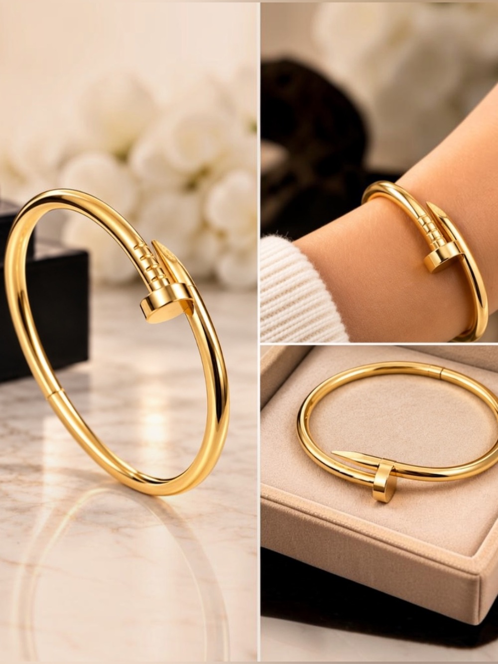 Luxury Gold-Tone Stainless Steel Nail Bangle Bracelet 8” Statement Cuff
